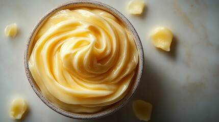 Swirled Yellow Custard in a White Bowl