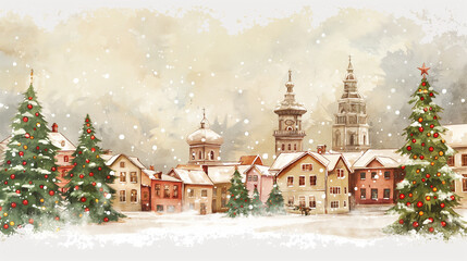 Fototapeta premium Postcard and Illustration: Quaint Snow-Covered Village Under A Gentle Winter Sky With Towering Christmas Trees And Classic European Architecture, Dusted In Fresh Snow, Amid Softly Falling Flurries