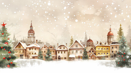Fototapeta premium Postcard and Illustration: Quaint Snow-Covered Village Under A Gentle Winter Sky With Towering Christmas Trees And Classic European Architecture, Dusted In Fresh Snow, Amid Softly Falling Flurries