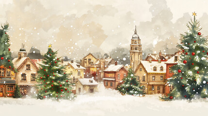 Fototapeta premium Postcard and Illustration: Quaint Snow-Covered Village Under A Gentle Winter Sky With Towering Christmas Trees And Classic European Architecture, Dusted In Fresh Snow, Amid Softly Falling Flurries