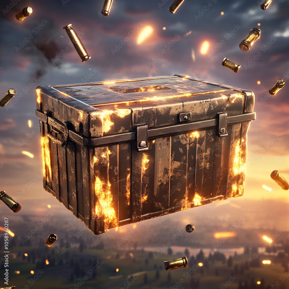 Wall mural Glowing Metal Crate with Falling Bullets in a Wartime Scene