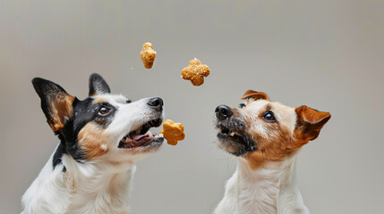 Studio Shot of Cute Dogs Catching Treats Against an Isolated Background