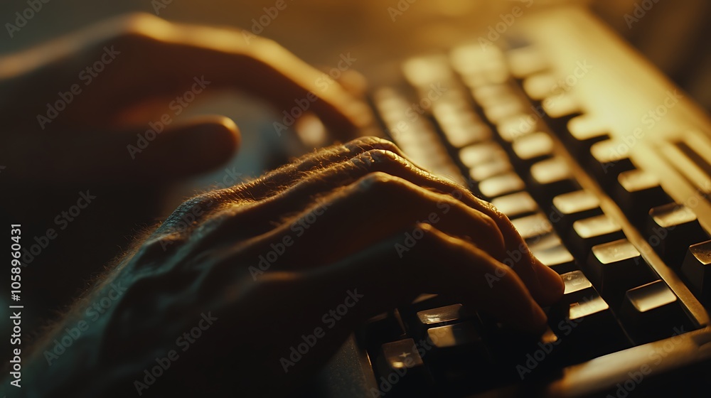Poster a close-up of hands typing on a keyboard, illuminated by soft lighting.