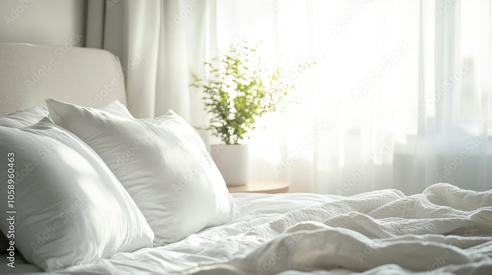 Poster a serene bedroom setting showcasing a tidy bed adorned with white pillows creating an inviting atmos