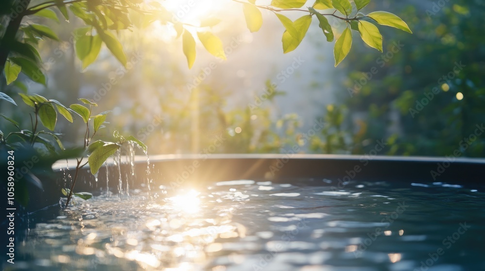 Poster sunlight streams through leaves casting a warm glow on a tranquil spa environment in nature