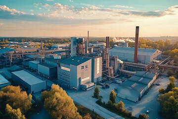 Aerial view of modern industrial area and cloud computing concept. Industry 4.0 communication network