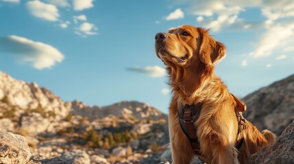 Obraz premium Golden retriever enjoying mountain landscape wearing a harness