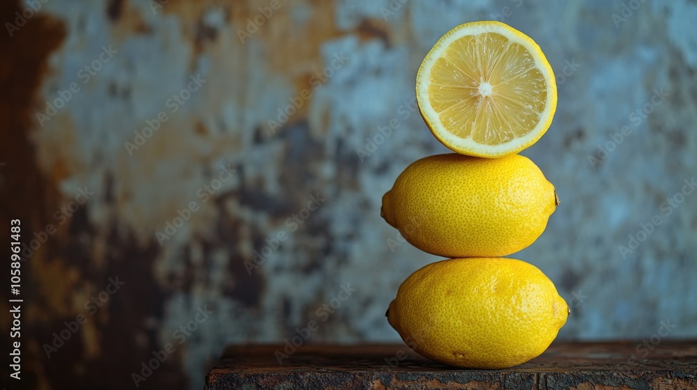 Poster stack of four fresh lemons one halved set against a rustic backdrop emphasizing a fresh and healthy 