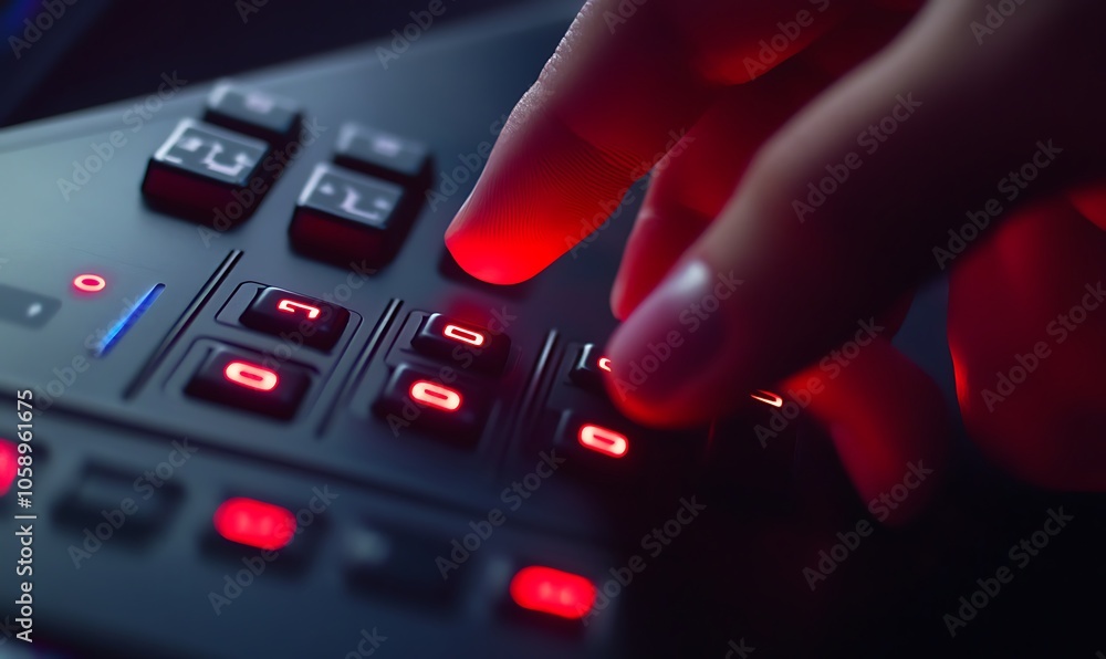 Poster a close-up of a hand pressing illuminated buttons on a control panel.