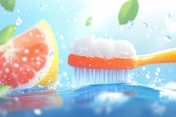 Fresh Toothbrush with Toothpaste and Grapefruit in Water