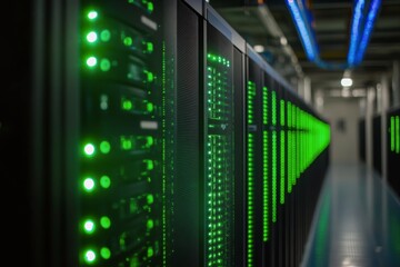 A high tech data center with glowing green servers and blue lighting at night