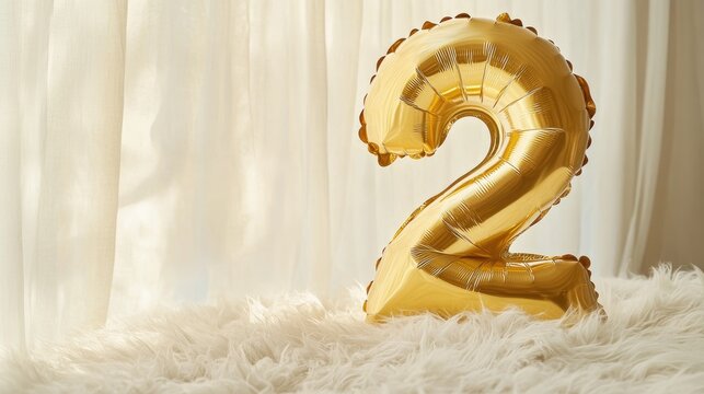 Golden number two balloon for second birthday celebration on a white furry surface