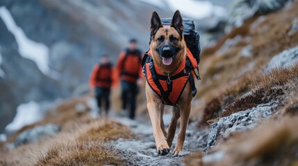 German shepherd leading mountain rescue team on hiking trail