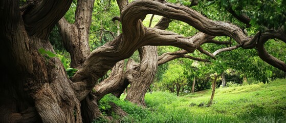 Obraz premium A lush green scene featuring twisted tree branches against a vibrant forest background, evoking tranquility and natural beauty.