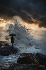 Obraz premium Amidst a stormy backdrop, a person holding an umbrella stands on rocky terrain, watching tumultuous waves crash against the shore as the sun sets