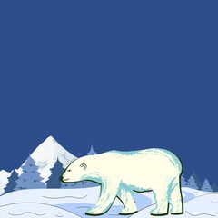 A polar bear walking in the snow with mountains in the background 