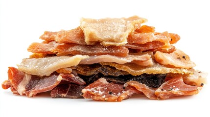 Dehydrated slices of chicken beef and pork seasoned with salt ideal for snacking displayed on a white background