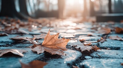 Dried leaves rest on a stone pathway under sunlight with blurred frozen puddles visible in the background