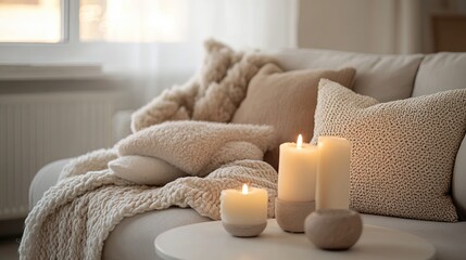 A serene arrangement of candles on a white table complemented by a cozy sofa adorned with soft blankets and cushions sets an inviting mood for a relaxed evening indoors