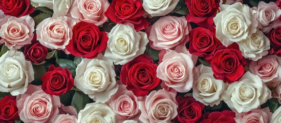 Fototapeta premium Close Up View Of Various Color Red White And Pink Blooming Roses Backdrop At Florist Vivid Pastel Flower In Bloom Blossom Roses For Valentine Day