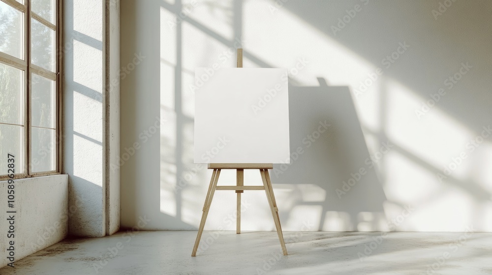 Poster a blank white canvas rests on an easel in a vacant minimalist space creating a boho inspired backdro
