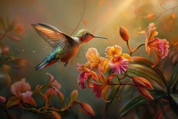 Fototapeta premium A hummingbird hovering near a vibrant orchid.