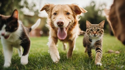 A playful dog and cat walking together in a grassy area, showcasing companionship.