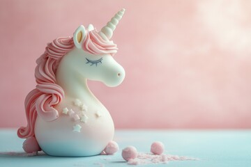 Obraz premium Colorful unicorn cake with pink frosting and decorative elements on a light blue background