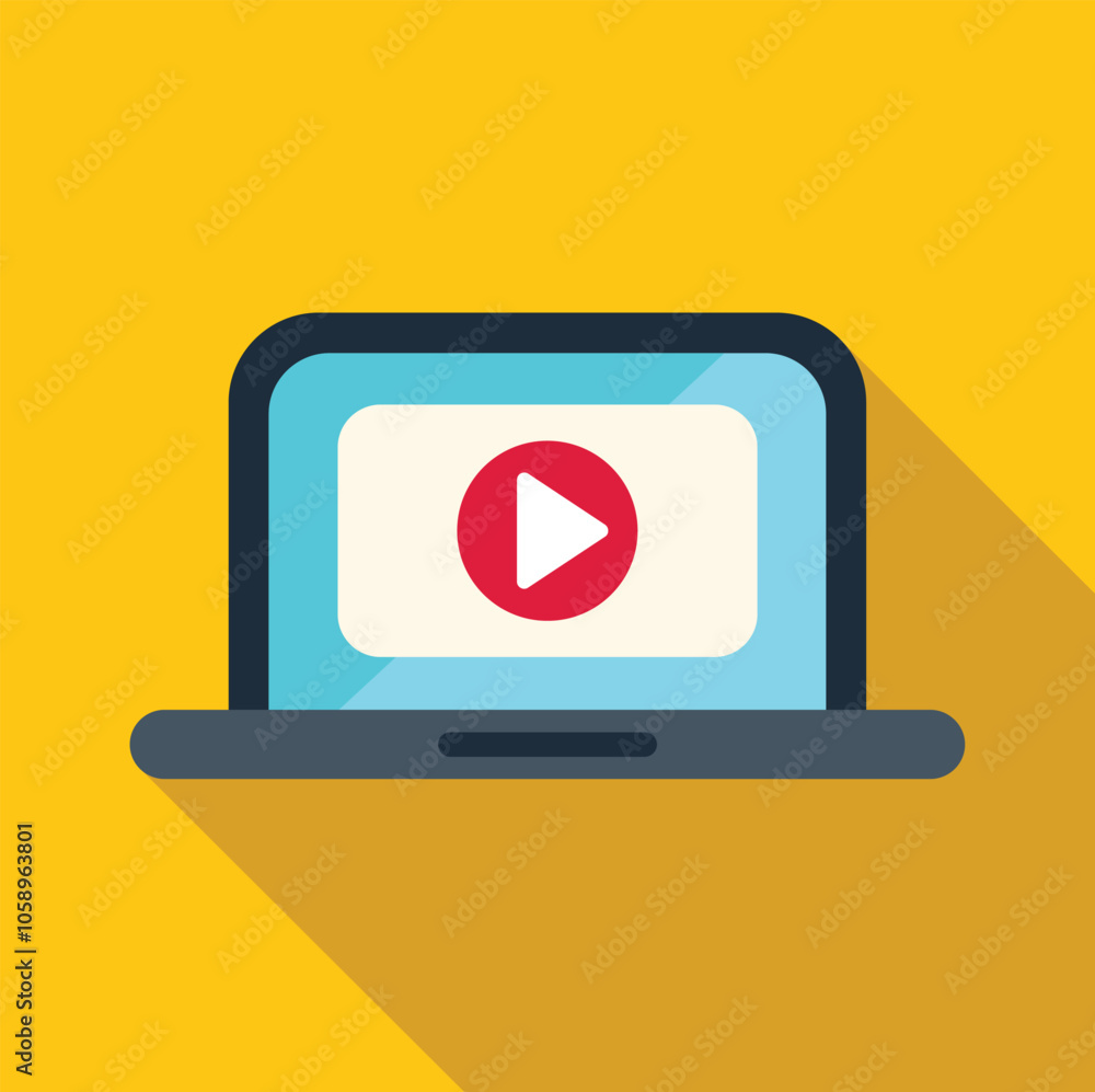 Poster laptop displaying video player streaming movie with play button on yellow background, concept of onl