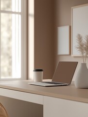 Fototapeta premium A beige desk with a sleek laptop and a coffee cup