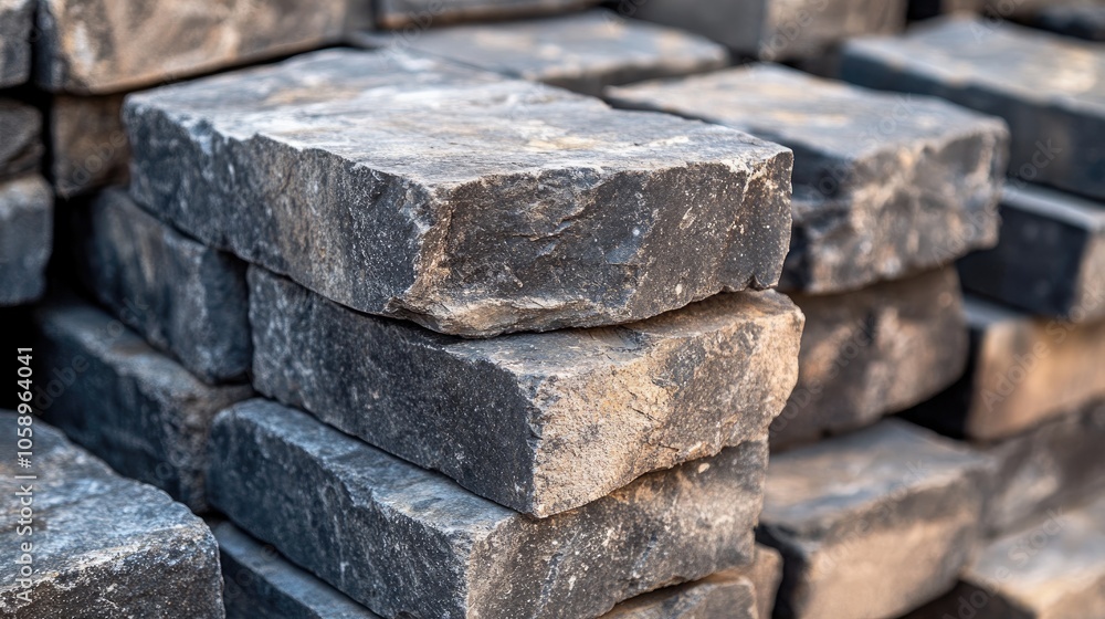 Poster close up view of a stack of aged concrete stone blocks suitable for pavement construction