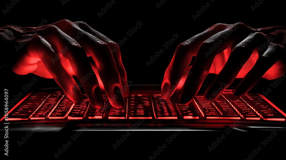 Poster hands typing on a glowing red keyboard against a dark background.