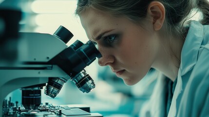 Technician assembling microchips under microscope, focused and determined