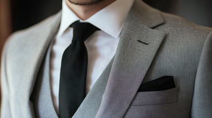 Formal outfit featuring a gray suit jacket black tie and white dress shirt
