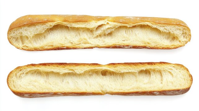 A clear image of a halved gluten free baguette perfect for culinary blogs health food advertising and bakery catalogs