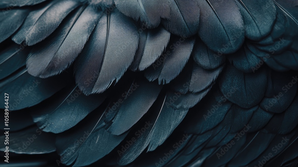 Poster close up of black wing feathers on an abstract dark background showcasing intricate feather texture
