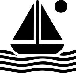 Silhouette of sailboat on waves with sun, nautical and travel icon, boating and seaside illustration
