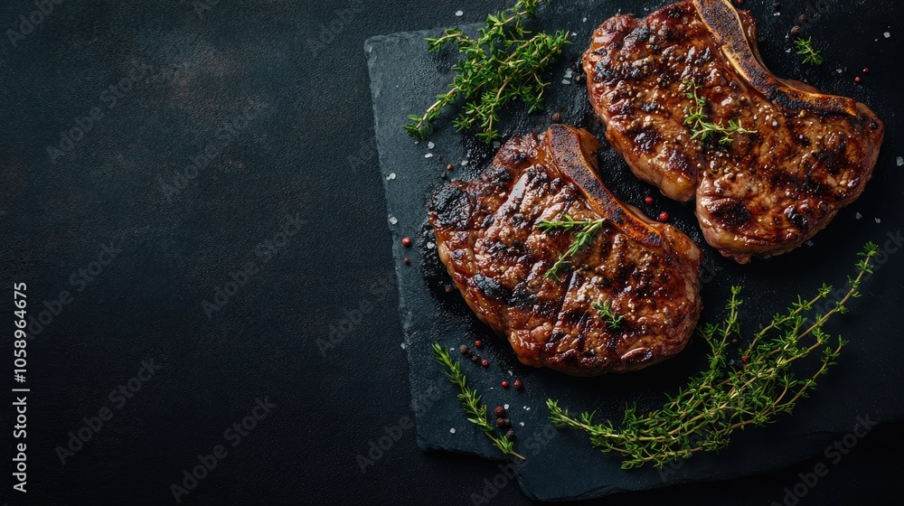 Poster spiced pan fried steaks displayed on a dark background captured from an overhead angle with ample sp