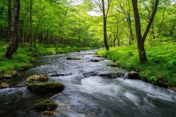 Obraz premium A Stream Flowing Through a Lush Green Forest