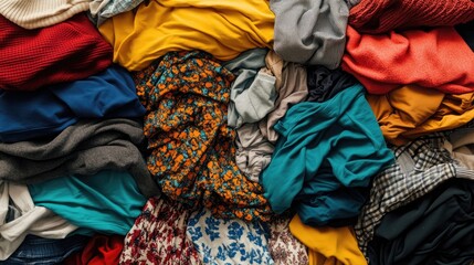 Fototapeta premium Disorganized stack of clothes piled haphazardly in a chaotic arrangement