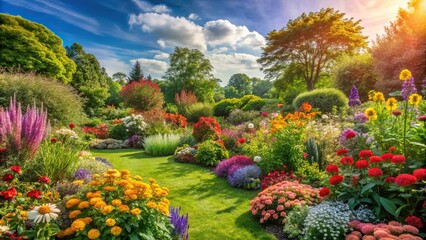 Fototapeta premium Vibrant colors of a blooming garden with a variety of flowers and greenery on a sunny summer day, lush greenery, carefree spirit, outdoor fun, happy feelings