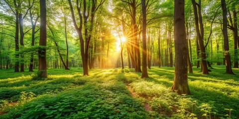 Fototapeta premium Warm sunlight filters through lush greenery in a serene forest glade, greenery, landscape, sunlight
