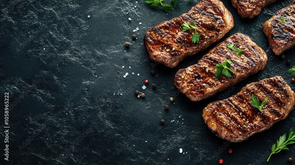 Poster spiced pan fried steaks displayed on a dark background captured from an overhead angle with ample sp