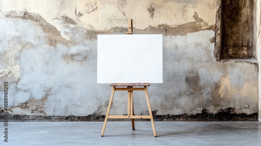 Poster a blank white canvas rests on an easel in a vacant minimalist space creating a boho inspired backdro