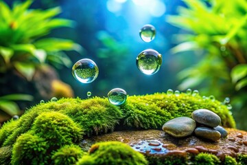 Water droplets on a mossy stone near an aqua themed aquarium, fish tank, aquarium, moss, aquatic rocks