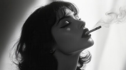 Fototapeta premium striking black and white silhouette of a woman exhaling smoke from a cigarette, capturing a retro vibe through soft shadows that evoke mystery and allure in a timeless portrait