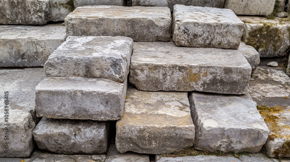 Poster close up view of a stack of aged concrete stone blocks suitable for pavement construction