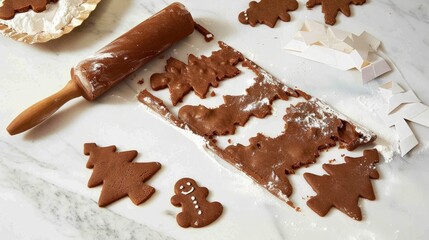 Gingerbread dough with cutout shapes, baked cookies on a white table