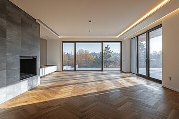 Obraz premium Spacious empty room with wooden herringbone floor and large windows overlooking city skyline