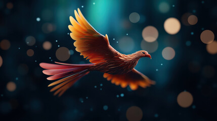 Fototapeta premium Colorful paper origami bird in flight with vibrant orange and red wings set against a blurred bokeh dark background, creating a sense of motion and artistic contrast.